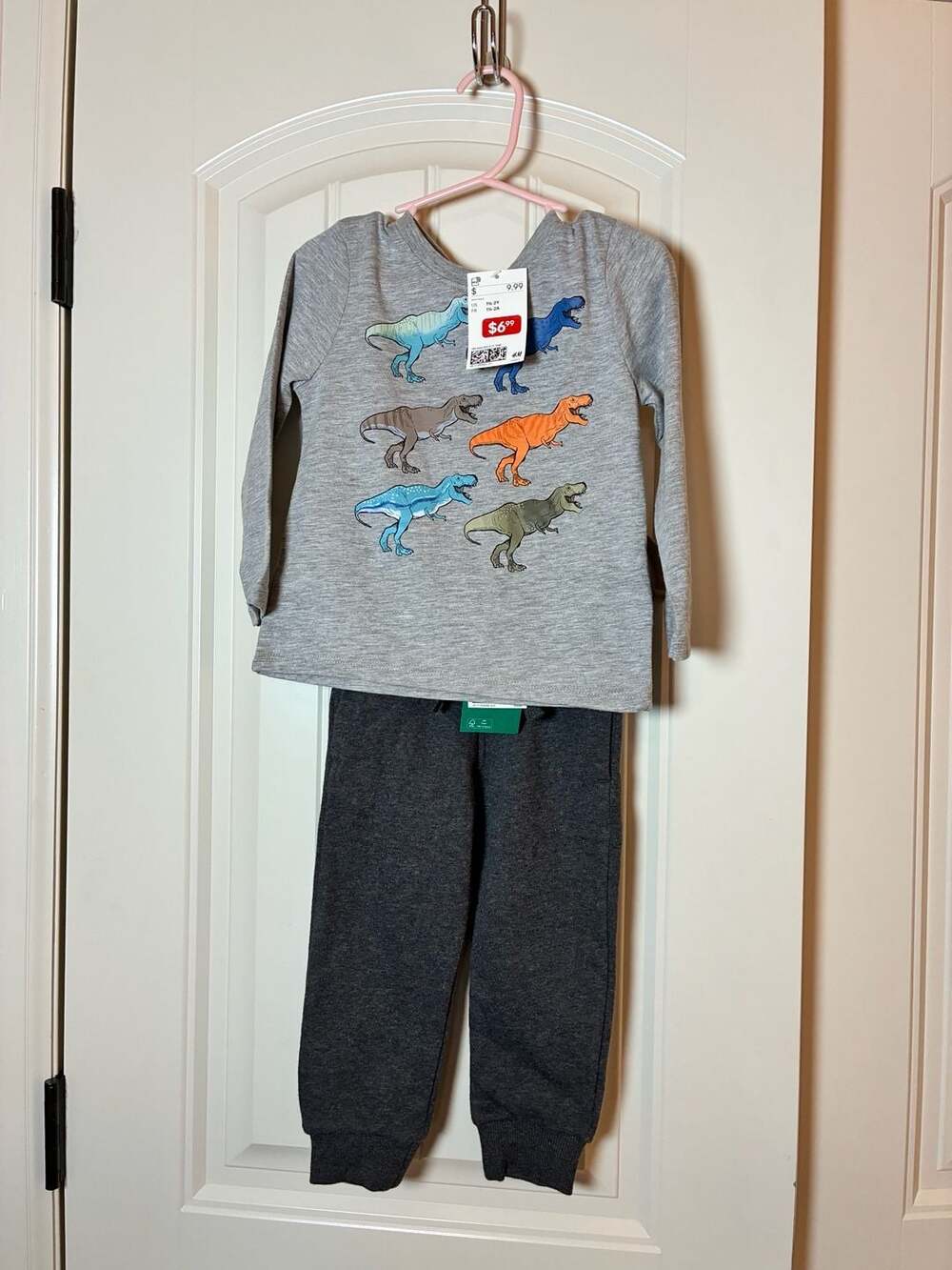 H&M Toddler Boys Dinosaur Grey Long Sleeve T-Shirt and Dark Grey Sweatpants Set